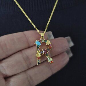 new INITIAL encrusted PENDANT rhinestone NECKLACE letter R